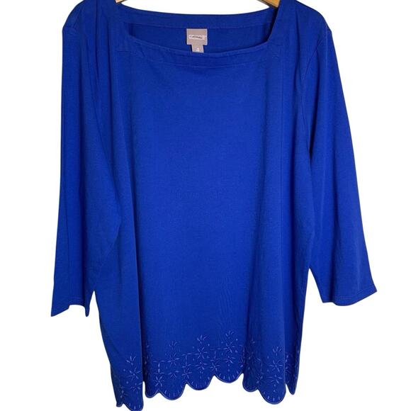 Chico's Top NWT Women's Size 4 (2x) Eyelet Square Neck Scallop Hem Admiral Peony - Picture 1 of 6